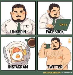 Rule 34 | 1boy, absurdres, arm hair, bara, beard, belly, blush, brown hair, chest hair, closed eyes, collage, collared shirt, completely nude, computer, cowboy shot, daisukebear, facebook, facial hair, fat, fat man, hairy, highres, holding, holding phone, instagram, laptop, large pectorals, linkedin, male focus, mature male, muscular, muscular male, mustache, navel hair, necktie, nipples, nude, out-of-frame censoring, pectorals, phone, salaryman, selfie, shirt, short hair, split screen, twitter, upper body