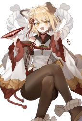 Rule 34 | 1girl, :3, :d, alcohol, animal collar, animal ears, ankle wrap, bad id, bad pixiv id, black pantyhose, blonde hair, blush, braid, brown pantyhose, collar, commentary request, crossed legs, cup, detached sleeves, dog ears, dress, fangs, feet out of frame, granblue fantasy, hair ribbon, hands up, highres, holding, holding cup, long sleeves, looking at viewer, mid (gameshe), open mouth, pantyhose, red ribbon, ribbon, rope, sakazuki, sake, sheath, shimenawa, short dress, short hair, simple background, sitting, smile, solo, vajra (granblue fantasy), white background, white dress, wide sleeves, yellow eyes