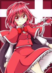 Rule 34 | 1girl, bow, bowtie, braid, buttons, cape, capelet, closed mouth, collared shirt, cross, frilled skirt, frills, hair between eyes, hair bow, juliet sleeves, keyaki chimaki, long sleeves, looking at viewer, okazaki yumemi, puffy sleeves, red bow, red bowtie, red capelet, red eyes, red hair, red skirt, red vest, shirt, short hair, skirt, smile, solo, touhou, touhou (pc-98), vest, white bow, white frills, white shirt, white sleeves