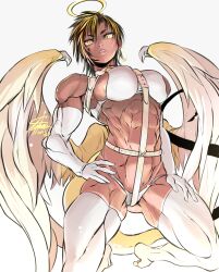 Rule 34 | 1girl, abs, angel, angel wings, barcode, barcode tattoo, black hair, blonde hair, breasts, dark-skinned female, dark skin, earrings, elbow gloves, feathered wings, gloves, halo, hand on own hip, hand on own thigh, highres, jewelry, kneeling, large breasts, looking at viewer, multicolored hair, muscular, muscular female, original, revealing clothes, short hair, signature, single earring, slit pupils, solo, streaked hair, tail, tattoo, thighhighs, two-tone hair, very short hair, white gloves, wings, yellow eyes, zippedsquire