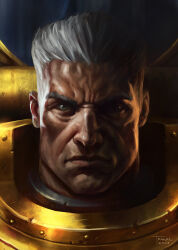 Rule 34 | 1boy, 2019, armor, close-up, closed mouth, dated, gold armor, gorget, highres, looking at viewer, partially shaded face, power armor, primarch, rogal dorn, salvador trakal, short hair, signature, simple background, solo, warhammer 40k, white eyes, white hair