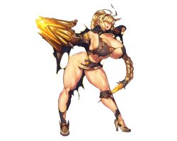 Rule 34 | 1girl, antenna hair, armpits, blonde hair, boots, braid, breasts, broken, broken sword, broken weapon, cloak, feet, female focus, full body, game cg, groin, hands up, holding, holding weapon, huge breasts, leaning forward, legs, legs apart, long braid, long hair, looking at viewer, melon22, open mouth, original, single braid, solo, standing, sword, thick thighs, thighs, torn clothes, transparent background, weapon, yellow eyes
