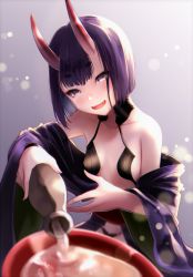 Rule 34 | 1girl, alcohol, blurry, blush, bottle, breasts, cup, depth of field, fangs, fate/grand order, fate (series), head tilt, horns, japanese clothes, kimono, koruta (nekoimo), light particles, looking at viewer, off shoulder, oni, open mouth, purple eyes, purple hair, sakazuki, sake, short hair, shuten douji (fate), skin-covered horns, small breasts, smile, solo, tokkuri