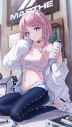 Rule 34 | 1girl, arknights, bae.c, bag, blue eyes, blue poison (arknights), blue poison (shoal beat) (arknights), blue shorts, bottle, breasts, choker, cleavage, collarbone, commentary request, duffel bag, earrings, hairband, highres, holding, holding bottle, jacket, jewelry, leggings, long sleeves, looking at viewer, medium breasts, midriff, navel, off shoulder, official alternate costume, open clothes, open jacket, pants under shorts, pink choker, pink hair, pink sports bra, short shorts, shorts, sitting, solo, sports bra, water bottle, white jacket, yokozuwari
