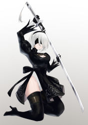 Rule 34 | 2b (nier:automata), absurdres, black blindfold, black dress, black hairband, blindfold, boots, breasts, cleavage cutout, clothing cutout, dress, feather-trimmed sleeves, feather trim, gloves, grey background, hairband, high heel boots, high heels, highleg, highleg leotard, highres, juliet sleeves, katana, leather, leather boots, leotard, lilin (pixiv 25958194), long sleeves, medium breasts, mole, mole under mouth, nier:automata, nier (series), puffy sleeves, sword, thigh boots, thighhighs, thighhighs under boots, weapon, white hair, white leotard
