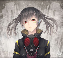 Rule 34 | 1girl, aircraft, bandage on face, bandages, black hair, building, ene (kagerou project), enomoto takane, gas mask, gradient background, hair ornament, headphones, highres, jacket, kagerou project, long hair, marumoru, mask, polka dot, polka dot background, red eyes, short hair, skyscraper, solo, twintails