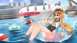 Rule 34 | 1girl, blunt bangs, domino mask, dripping, fangs, food, hat, inkling player character, innertube, jellyfish, jewelry, legs, mask, multicolored hair, nintendo, one-piece swimsuit, open mouth, outdoors, pointy ears, pool, popsicle, sailor hat, sailor uniform, scarf, splatoon (series), splatoon 2, swim ring, swimsuit, tentacle hair, tentacles, thighs, water, zzvinniezz