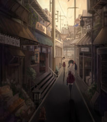 Rule 34 | 2girls, absurdres, arm at side, arm up, black hair, brown sky, cat, city, fla, food, full body, hakama, hakama skirt, highres, holding, japanese clothes, japanese stop sign, lamppost, long hair, miko, multiple girls, original, outdoors, partially translated, plant, pleated skirt, popsicle, power lines, red hakama, red skirt, road, short hair, sign, skirt, stairs, street, thighhighs, translation request, twintails, utility pole, walking, wide sleeves, zettai ryouiki