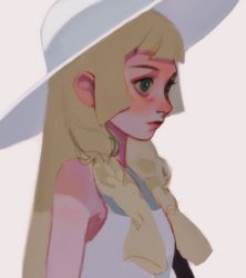 Rule 34 | 1girl, ay (1054105084), bare arms, blonde hair, blunt bangs, blush, braid, closed mouth, collared dress, commentary, creatures (company), dress, eyelashes, eyeshadow, from side, game freak, green eyes, hat, highres, lillie (pokemon), long hair, makeup, nintendo, nose blush, pokemon, pokemon sm, simple background, sketch, sleeveless, sleeveless dress, solo, strap, sun hat, twin braids, upper body, white background, white dress, white hat