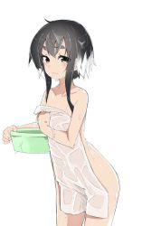 Rule 34 | 10s, 1girl, ariyoshi gen, black hair, blush, covering privates, eyebrows, jpeg artifacts, kantai collection, looking at viewer, multicolored hair, naked towel, nude cover, short hair with long locks, simple background, smile, solo, thick eyebrows, tokitsukaze (kancolle), towel, two-tone hair, wet, white hair, yellow eyes