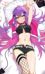 Rule 34 | 1girl, absurdres, armpits, arms up, bed, blush, breasts, cleavage, come hither, commentary request, green eyes, groin, hair between eyes, hair ornament, hairclip, hat, highres, hololive, jacket, long hair, minus zero69, navel, purple hair, shorts, small breasts, smile, solo, tail, thighhighs, tokoyami towa, tokoyami towa (1st costume), virtual youtuber