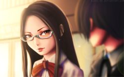 Rule 34 | 1boy, 1girl, bow, brown eyes, brown hair, forehead, fushimi chihiro, glasses, highres, lips, long hair, looking at another, miura-n315, parted lips, persona, persona 3, school uniform, solo focus, upper body, watermark, web address, yuuki makoto (persona 3)