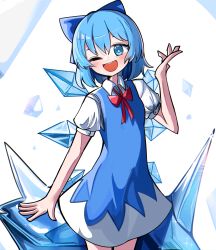 Rule 34 | 1girl, :d, absurdres, blue bow, blue dress, blue eyes, blue hair, blush, bow, bowtie, cirno, collared shirt, commentary, cowboy shot, dress, flat chest, hair between eyes, hair bow, highres, ice, ice wings, looking at viewer, open mouth, pinafore dress, puffy short sleeves, puffy sleeves, red bow, red bowtie, round teeth, shirt, short hair, short sleeves, sleeveless dress, smile, solo, spam (spamham4506), teeth, touhou, white shirt, wings