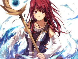 Rule 34 | 1girl, arm warmers, female focus, hair ornament, jewelry, long hair, magic, markings, necklace, nuriko-kun, original, red eyes, red hair, solo, staff, torn clothes, water, weapon, white background