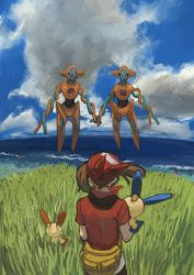 Rule 34 | 1girl, bandana, blue sky, brown hair, cloud, cloudy sky, commentary request, creature, creatures (company), day, deoxys, deoxys (normal), eye contact, game freak, gen 3 pokemon, grass, highres, holding, holding pokemon, looking at another, may (pokemon), minahamu, minun, mythical pokemon, nintendo, ocean, outdoors, plusle, pokemon, pokemon (creature), pokemon rse, red bandana, red shirt, shirt, sky, standing