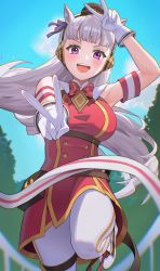 Rule 34 | 1girl, absurdres, animal ears, belt, belt pouch, blunt bangs, bow, breasts, brown belt, day, double v, dress, ear bow, ear covers, gloves, gold ship (umamusume), grey hair, highres, horse ears, horse girl, horse tail, large breasts, long hair, looking at viewer, neil (neil nim), open mouth, outdoors, pants, pantyhose, pillbox hat, pouch, purple eyes, red dress, running, smile, solo, tail, umamusume, v, very long hair, white gloves, white pants