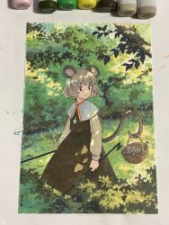 Rule 34 | 1girl, animal, animal ears, art tools in frame, basket, black dress, blue capelet, blunt bangs, brown eyes, capelet, closed mouth, day, dowsing rod, dress, dual wielding, grass, grey hair, highres, holding, holding with tail, jewelry, long sleeves, looking at animal, looking to the side, marker (medium), mouse (animal), mouse ears, mouse girl, mouse tail, nature, nazrin, outdoors, pendant, photo (medium), prehensile tail, shiratama (hockey), shirt, short hair, solo, tail, touhou, traditional media, white shirt