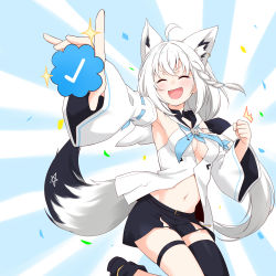 Rule 34 | 1girl, absurdres, ahoge, animal ears, bare shoulders, black footwear, black shorts, black thighhighs, blue neckerchief, braid, clenched hand, closed eyes, commentary, detached sleeves, ear piercing, fang, felutiahime, fox ears, fox girl, fox tail, front slit, highres, hololive, jumping, long hair, low ponytail, navel, neckerchief, open mouth, outstretched arm, piercing, ponytail, shirakami fubuki, shirakami fubuki (1st costume), shirt, short shorts, shorts, side braid, single thighhigh, solo, symbol-only commentary, tail, tearing up, thigh strap, thighhighs, twitter, virtual youtuber, white hair, white shirt, wide sleeves