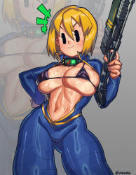 Rule 34 | +++, 1girl, bikini, bikini top only, black bikini, black eyes, blonde hair, blue jumpsuit, breasts, closed mouth, collar, commentary, cowboy shot, emphasis lines, english commentary, fallout (series), fallout 4, grey background, gun, highres, holding, holding gun, holding weapon, jumpsuit, large breasts, lasgun, looking at viewer, micro bikini, navel, short hair, smile, solo, stomach, sweat, swimsuit, vault girl, vault suit, waa153, weapon, zoom layer