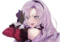 Rule 34 | 1girl, :d, absurdres, bare shoulders, black gloves, blush, drill hair, gloves, hair ornament, highres, hyakumantenbara salome, hyakumantenbara salome (1st costume), long hair, looking at viewer, mao san, nijisanji, open mouth, purple eyes, purple hair, simple background, smile, solo, virtual youtuber, white background