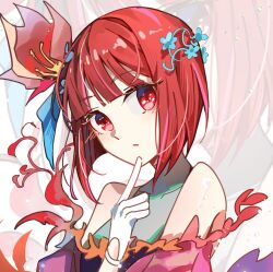 Rule 34 | 1girl, arima kana, bare shoulders, blue flower, blunt bangs, bob cut, closed mouth, commentary, detached sleeves, finger to own chin, flower, gloves, hair flower, hair ornament, highres, inverted bob, looking at viewer, medium hair, oshi no ko, red eyes, red flower, red hair, shuoruoranxing, solo, upper body, white gloves, zoom layer
