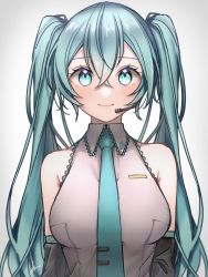 Rule 34 | 1girl, after0217, aqua eyes, aqua hair, detached sleeves, hair between eyes, hatsune miku, highres, microphone, necktie, simple background, sleeveless, smile, solo, twintails, upper body, vocaloid, white background