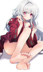 Rule 34 | 1girl, arka91, bare legs, bare shoulders, barefoot, blush, clara (honkai: star rail), feet, highres, honkai: star rail, honkai (series), jacket, legs, looking at viewer, red eyes, red jacket, simple background, smile, soles, solo, toenails, toes, white background