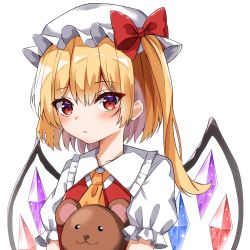 Rule 34 | 1girl, ascot, blonde hair, blush, bow, crystal, flandre scarlet, frilled shirt, frilled shirt collar, frilled skirt, frilled sleeves, frills, hat, hat ribbon, highres, kiui (dagk8254), lying, mob cap, one side up, red bow, red eyes, red ribbon, ribbon, shirt, short hair, side ponytail, skirt, solo, touhou, white shirt, wings, yellow ascot