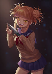 Rule 34 | 1girl, :d, backlighting, bad id, bad pixiv id, blonde hair, blue sailor collar, blue skirt, blush, boku no hero academia, brown cardigan, cardigan, combat knife, cowboy shot, double bun, eyebrows hidden by hair, fangs, hair bun, highres, holding, holding knife, jiantai, knife, long sleeves, looking at viewer, messy hair, neckerchief, open mouth, pleated skirt, red neckerchief, sailor collar, school uniform, serafuku, sidelocks, skirt, sleeves past wrists, smile, solo, standing, teeth, toga himiko, upper teeth only, weapon, yellow eyes