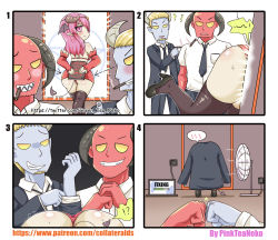Rule 34 | !?, 1girl, 2boys, 4koma, ^^^, absurdres, anger vein, arrow (symbol), ass, bad id, bad pixiv id, bald, bare shoulders, beard, black footwear, blonde hair, blue jacket, blue neckwear, blue pants, blue skin, blush, breasts, brown thighhighs, brown wings, cigarette, collared shirt, colored skin, comic, commentary request, cracking knuckles, curled horns, demon girl, demon horns, demon tail, demon wings, detached sleeves, electric fan, evil grin, evil smile, facial hair, fist bump, forehead, greenteaneko, grin, head wings, high heels, highres, horns, jacket, long hair, long sleeves, medium breasts, mouth hold, multiple boys, necktie, open clothes, open jacket, original, pants, pentagram, pink eyes, pink hair, profile, red skin, sharp teeth, shirt, silent comic, sleeves past wrists, smile, spoken interrobang, square 4koma, star (symbol), stubble, sweat, tail, teeth, thighhighs, v-shaped eyebrows, watermark, web address, white shirt, wings