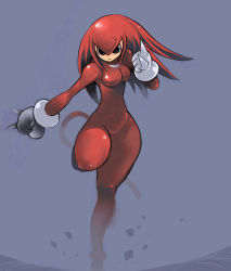 Rule 34 | 1girl, bodysuit, costume, game console, gender request, genderswap, gloves, highres, hip focus, knuckles the echidna, long hair, okera, panties, personification, red hair, see-through, sega mega drive, solo, sonic (series), spiked gloves, spikes, tail, underwear, wide hips