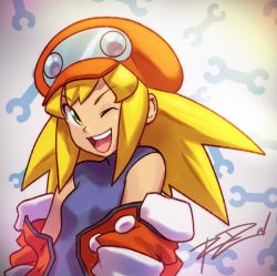 Rule 34 | 1girl, bad id, bad tumblr id, blonde hair, breasts, capcom, green eyes, grin, hat, jacket, long hair, looking at viewer, mega man (series), mega man legends (series), off shoulder, one eye closed, robaato, roll caskett (mega man), simple background, small breasts, smile, solo, wink, wrench