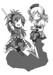Rule 34 | 10s, 2girls, bad id, bad pixiv id, bare shoulders, beret, boots, breasts, chibi, closed eyes, corset, cup, detached sleeves, drill hair, fingerless gloves, frills, gloves, greyscale, hat, long hair, magical girl, mahou shoujo madoka magica, mahou shoujo madoka magica (anime), medium breasts, monochrome, multiple girls, open mouth, orange ize, pleated skirt, polearm, renji (orange ize), sakura kyoko, sitting, skirt, small breasts, smile, spear, teacup, thighhighs, tomoe mami, weapon