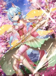 Rule 34 | 1girl, animal ears, armor, blue hair, blue sky, bow (weapon), breasts, cape, cat ears, cat tail, cherry blossoms, cleavage, day, dutch angle, flower, gabiran, green cape, hair flower, hair ornament, hair ribbon, holding, holding bow (weapon), holding weapon, indoors, midriff, navel, pauldrons, pink ribbon, pink thighhighs, ribbon, short hair with long locks, shoulder armor, sidelocks, sinon (sao-alo), sky, small breasts, solo, stomach, sword art online, tail, thighhighs, waist cape, weapon, yellow flower, yellow wings