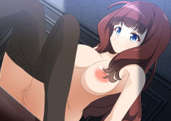 Rule 34 | 1girl, arm support, assault lily, black pantyhose, blue eyes, blush, breasts, brown hair, cleft of venus, clothes pull, collarbone, kaede johan nouvel, large breasts, long hair, naruse mai, nipples, nude, pantyhose, pantyhose pull, sitting, smile, wall