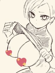 Rule 34 | 1girl, alternate breast size, bodysuit, breasts, breasts out, censored, censored nipples, cheelai, clothes lift, dragon ball, dragon ball super, emoji, emoji censor, heart, heart censor, highres, huge breasts, kazenoyobou, lifted by self, monochrome, no bra, pulling, shirt lift, short hair, solo