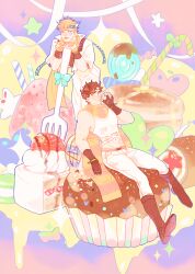 Rule 34 | 2boys, battle tendency, blonde hair, brown hair, caesar anthonio zeppeli, cake, candy, crop top, facial mark, feather hair ornament, feathers, fingerless gloves, food, food focus, fruit, gloves, green eyes, hair ornament, headband, highres, icing, jojo no kimyou na bouken, joseph joestar, joseph joestar (young), kong (kdo7), licking lips, macaron, male focus, midriff, multiple boys, on food, orange scarf, oversized food, oversized object, pancake, pancake stack, red scarf, scarf, sitting on food, strawberry, striped clothes, striped scarf, tongue, tongue out, triangle print, whipped cream