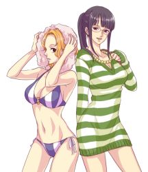 Rule 34 | 2girls, arms up, bad id, bad pixiv id, bikini, black hair, breasts, cleavage, dress, female focus, glasses, hand up, jewelry, large breasts, long hair, long sleeves, medium breasts, midriff, multiple girls, nami (one piece), navel, necklace, nico robin, nico robin (strong world), o-ring, o-ring top, one piece, one piece: strong world, short dress, short hair, side-tie bikini bottom, simple background, striped bikini, striped clothes, striped dress, striped sweater, sweater, sweater dress, swimsuit, tiga2, towel, white background