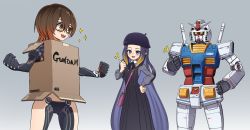 Rule 34 | 2girls, bag, beret, box, brown hair, camouflage, camouflage jacket, cardboard box, cardboard box gundam, clenched hand, clenched hands, commentary, cropped jacket, english commentary, forehead, gradient background, gradient hair, gundam, hand on own hip, handbag, hat, highres, hololive, hololive english, jacket, long hair, mecha, mechanical arms, mechanical legs, meme, mixed-language commentary, mobile suit, mobile suit gundam, multicolored hair, multiple girls, ninomae ina&#039;nis, ninomae ina&#039;nis (casual), nyaring943, parody, pink bag, pink hair, purple eyes, purple hair, roboco-san, robot, rx-78-2, science fiction, short hair, sparkle, thumbs up, v-fin, very long hair, virtual youtuber, yellow eyes