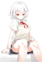 Rule 34 | 1girl, akira (otokuyou), bad id, bad pixiv id, blouse, blush, breasts, closed mouth, expressionless, grey skirt, hair between eyes, hand on own chest, knees, large breasts, looking at viewer, original, otokuyou, pleated skirt, red eyes, school uniform, shirt, short hair, short sleeves, simple background, sitting, skirt, solo, sweater vest, thighs, tsurime, white background, white hair, white shirt