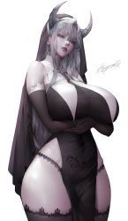 Rule 34 | 1girl, absurdres, arms under breasts, bare shoulders, black thighhighs, breasts, demon girl, earrings, elbow gloves, gloves, headdress, highres, horns, jewelry, large breasts, lips, nun, original, pubic tattoo, red lips, solo, tangerine (dudu), tattoo, thick thighs, thighhighs, thighs