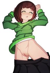 Rule 34 | 1girl, absurdres, arms up, black skirt, blsh (blshwrks), blush, bob cut, breasts, brown hair, cleft of venus, clitoral hood, clothes pull, collarbone, female focus, from above, gluteal fold, green sweater, groin, half-closed eyes, highres, long sleeves, looking down, lying, navel, no panties, nose blush, on back, open clothes, open skirt, parted lips, pleated skirt, pussy, shirt, sho-tan (thedoujin), short hair, sidelocks, simple background, skirt, skirt pull, small breasts, solo, spread legs, sweater, teeth, thedoujin, uncensored, white background, white shirt, yellow eyes