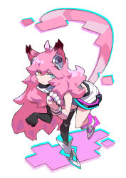 Rule 34 | 1girl, ai.mi (omega strikers), animal ears, blue eyes, boots, cat ears, cat tail, collared shirt, earbuds, earphones, gloves, hair between eyes, heterochromia, highres, looking at viewer, niking, omega strikers, pink hair, shirt, simple background, single leg pantyhose, skirt, solo, tail, white background, yellow eyes