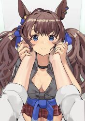 Rule 34 | 1boy, 1girl, animal ears, black shirt, blue eyes, blush, breasts, brown hair, choker, closed mouth, clothes around waist, collared shirt, commentary request, hands on another&#039;s cheeks, hands on another&#039;s face, highres, horse ears, indoors, long hair, looking at viewer, miniskirt, partially unbuttoned, pleated skirt, pov, pov hands, red skirt, shirt, skirt, sleeves rolled up, small breasts, smile, solokitsune, standing, tied shirt, tosen jordan (umamusume), trainer (umamusume), twintails, umamusume