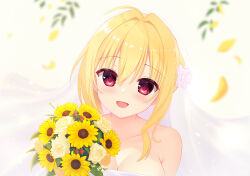 Rule 34 | 1girl, :d, ahoge, alternate costume, armpit crease, bare shoulders, blonde hair, blurry, blush, bouquet, breasts, bridal veil, cleavage, close-up, collarbone, commentary request, depth of field, dress, eyes visible through hair, falling petals, flower, hair between eyes, hair intakes, hamidashi creative, happy, highres, holding, holding bouquet, izumi hiyori, large breasts, looking at viewer, medium hair, nanatsu (na na tsu), open mouth, petals, red eyes, rose, simple background, smile, solo, sunflower, veil, wedding dress, white background, yellow flower, yellow rose