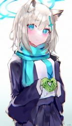 Rule 34 | 1girl, blazer, blue archive, blue eyes, blue jacket, blue scarf, blue skirt, blush, closed mouth, gloves, green gloves, halo, heart, heart hands, highres, jacket, looking at viewer, mile (off8mile), open clothes, open jacket, pleated skirt, scarf, shiroko (blue archive), shirt, simple background, skirt, smile, solo, white background, white shirt