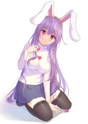 Rule 34 | 1girl, absurdres, alternate costume, animal ears, black thighhighs, blue skirt, blush, breasts, cherry, diving penguin, food, fruit, highres, holding, holding food, large breasts, light purple hair, long hair, long sleeves, looking at viewer, pleated skirt, purple eyes, purple hair, rabbit ears, reisen udongein inaba, skirt, smile, solo, sweater, thighhighs, touhou, turtleneck, turtleneck sweater, very long hair, white background, white sweater, zettai ryouiki