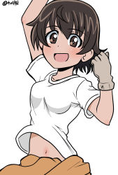 Rule 34 | 1girl, arm up, artist name, blush, brown eyes, brown hair, clenched hand, clothes around waist, commentary request, female focus, girls und panzer, gloves, grey gloves, highres, jumpsuit, looking at viewer, mechanic, midriff peek, nakajima (girls und panzer), open mouth, orange jumpsuit, shirt, short hair, short sleeves, signature, simple background, smile, solo, standing, t-shirt, uniform, upper body, wakku kan, white shirt