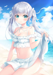 Rule 34 | 1girl, animal, bare shoulders, beach, bikini, bird, blue sky, blush, bow, breasts, cleavage, closed mouth, cloud, cloudy sky, commentary request, day, green eyes, hair between eyes, hair bow, hand up, highres, horizon, kohinata hoshimi, long hair, medium breasts, navel, ocean, original, outdoors, sand, silver hair, sitting, sky, smile, solo, swimsuit, twintails, very long hair, water, white bikini, white bow