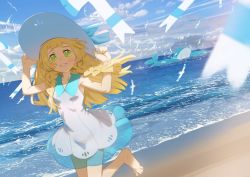 Rule 34 | 1girl, barefoot, blonde hair, blue ribbon, blunt bangs, blush, braid, cloud, collared dress, commentary request, creatures (company), day, dress, eyelashes, game freak, gen 3 pokemon, green eyes, grin, hands up, hat, hat ribbon, leg up, lillie (pokemon), long hair, looking at viewer, nintendo, outdoors, pokemon, pokemon (creature), pokemon sm, ribbon, sand, see-through, shamonabe, shore, sky, sleeveless, sleeveless dress, smile, standing, standing on one leg, sun hat, sundress, teeth, toes, twin braids, w arms, wailord, water, white dress, white headwear, wingull